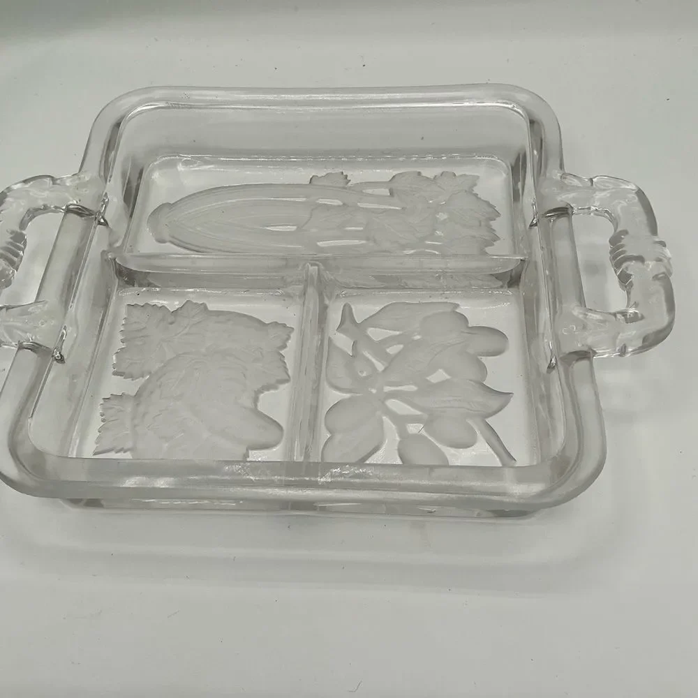 MCM Intaglio 1940's Vintage Clear & Frosted Glass Serving Divided Tray Handles